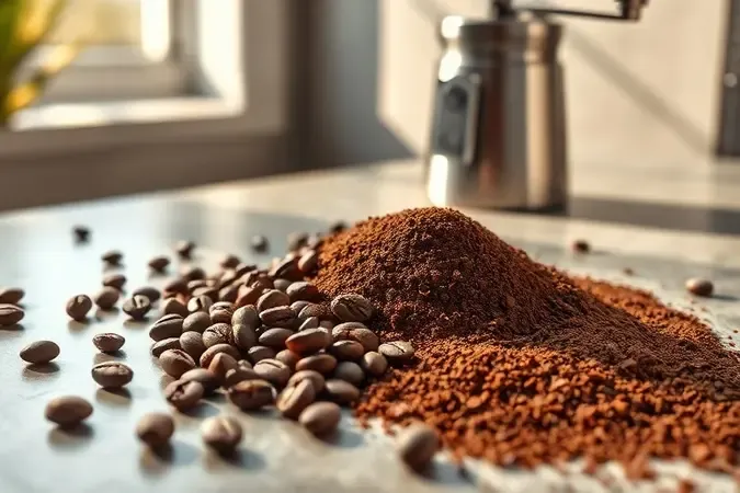 Grãos de café inteiros e moagem fresca sobre superfície de pedra, com moedor manual ao fundo em cena conceitual premium.