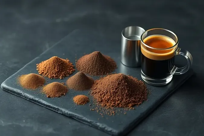 Ilustração conceitual de granulometria do café moído em diferentes texturas ao lado de um porta-filtro