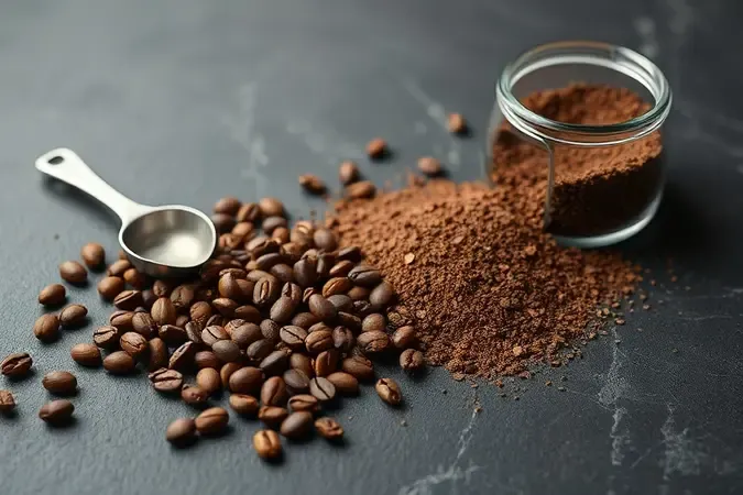 Grãos e pó de café com texturas variadas sobre superfície escura de ardósia, colher de inox e recipiente de vidro.