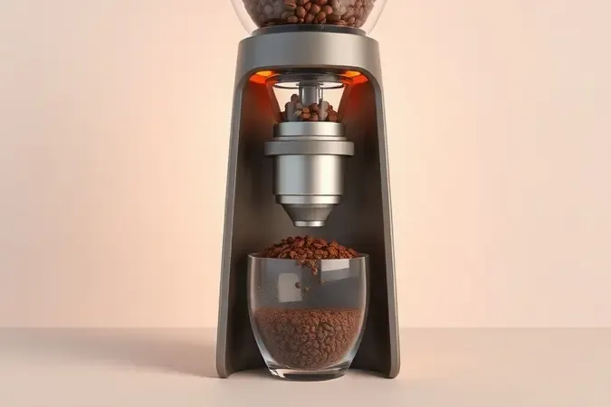 Ilustração conceitual do mecanismo interno de moedor de café com grãos e pó moído