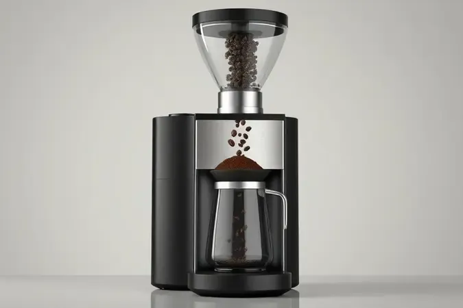 Moedor de café sem dosador moendo grãos diretamente no porta-filtro em cena conceitual