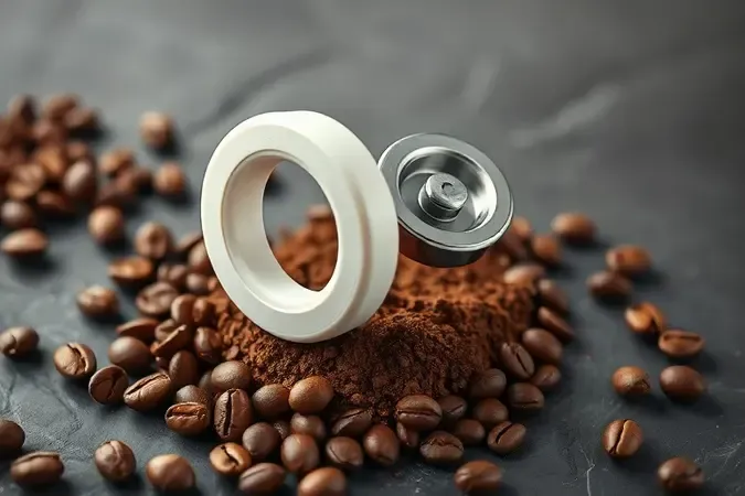 Moedores de café em cerâmica e aço inoxidável sobre superfície de ardósia com grãos ao redor