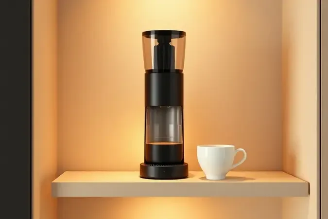 Moedor de café compacto sofre prateleira minimalista ao lado de xícara pequena de espresso