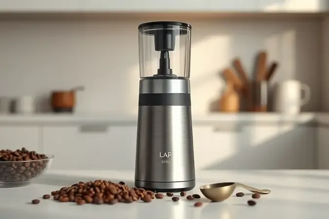 Moedor de café compacto e moderno ao lado de grãos de café inteiros em cena minimalista de cozinha