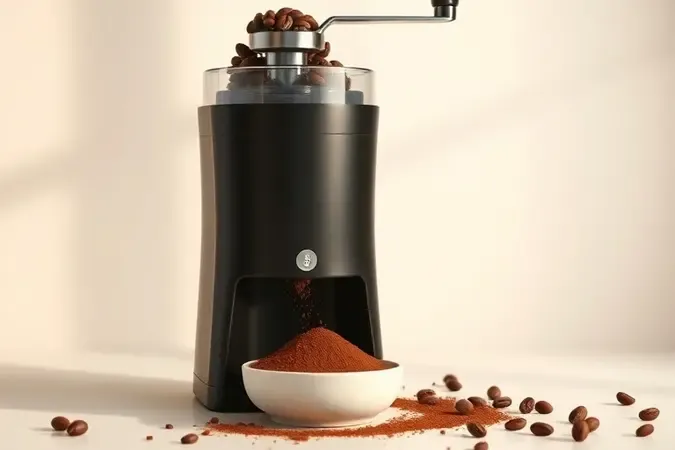 Moedor de café manual moderno com grãos inteiros sendo moídos sobre bancada limpa e neutra