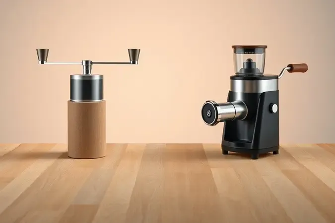 Comparação conceitual entre moedor manual minimalista e moedor elétrico moderno em render premium