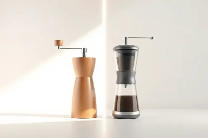 Comparativo conceitual entre moedor manual e moedor elétrico minimalistas, lado a lado, com iluminação suave de estúdio.