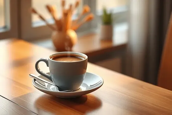Momento de degustação de café com xícara em mesa de madeira e luz natural suave