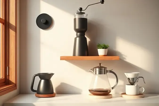 Cantinho do café em casa com prateleira de madeira, moedor, chaleira e xícaras de cerâmica em ambiente moderno