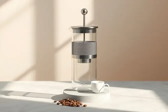 Prensa francesa em cena conceitual com grãos de café e filtro de malha, fundo neutro e iluminação profissional.