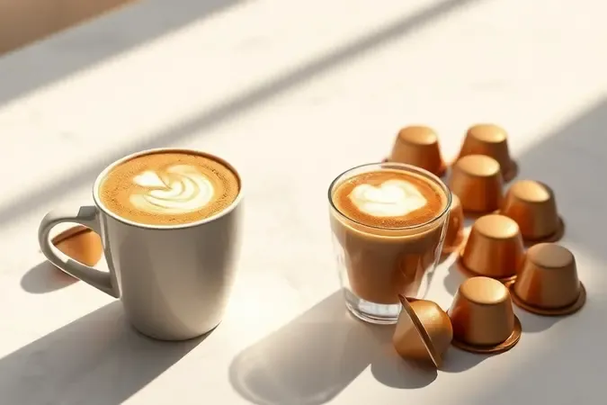 Render 3D de xícara de espresso e cappuccino ao lado de cápsulas de café genéricas com luz natural quente.