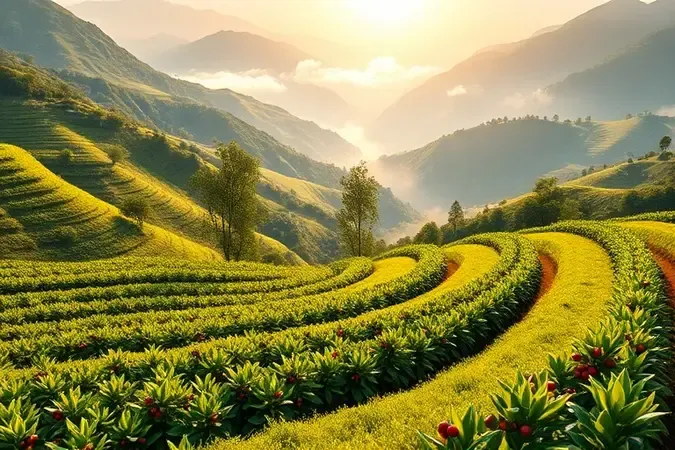 Plantações de café orgânico em montanhas de alta altitude com névoa suave ao amanhecer