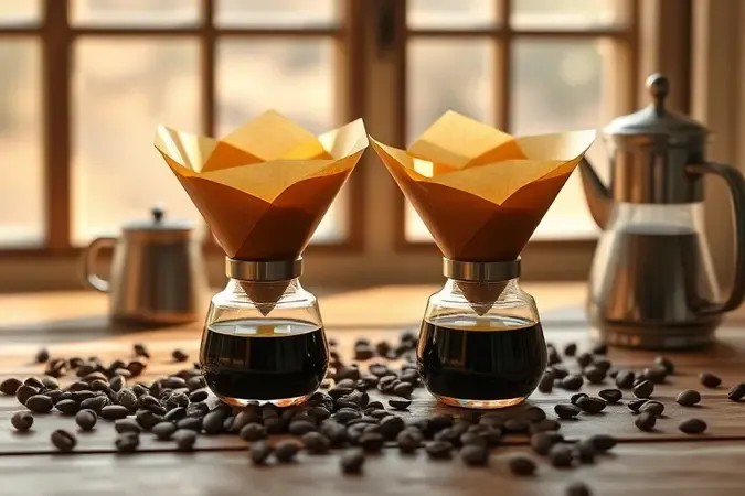 Cena conceitual com dois coadores de café sem marca, grãos e chaleira sobre mesa de madeira com luz natural