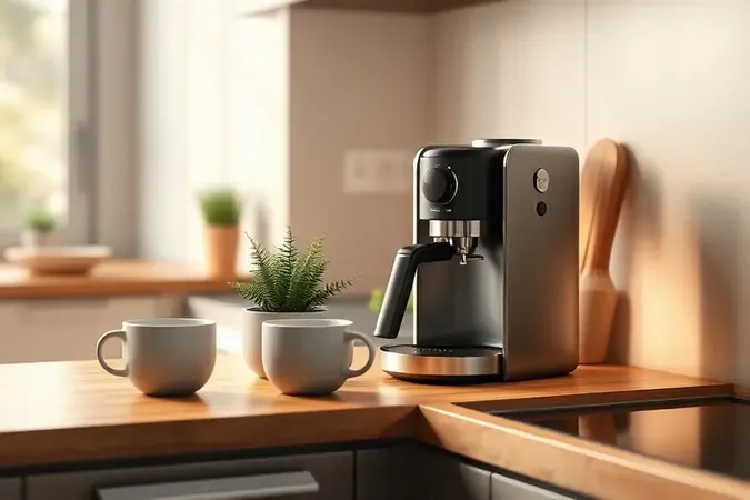 Imagem conceitual 3D de cozinha moderna com cafeteira sem marca, xícaras e planta, ambiente acolhedor e sofisticado para diferentes usos.