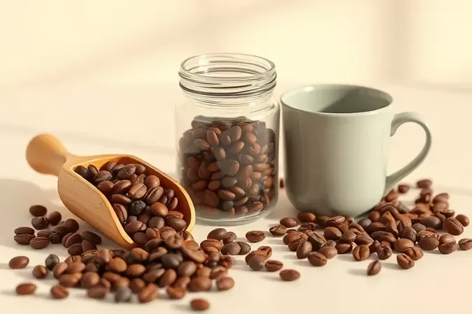 Render conceitual com grãos de café em concha de madeira, pote de vidro e xícara, ilustrando o passo a passo para escolher o café em grãos.