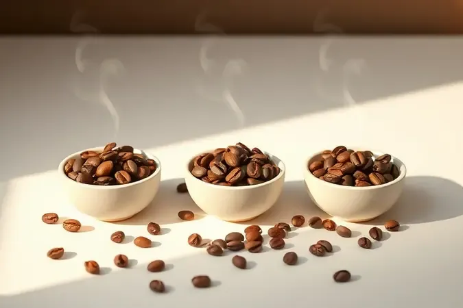 Grãos de café orgânico em diferentes níveis de torra dispostos em pequenas tigelas sobre superfície clara