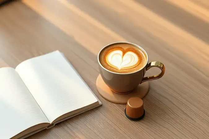 Xícara de espresso com latte art sobre mesa de madeira com caderno aberto e cápsula ao lado em cena acolhedora