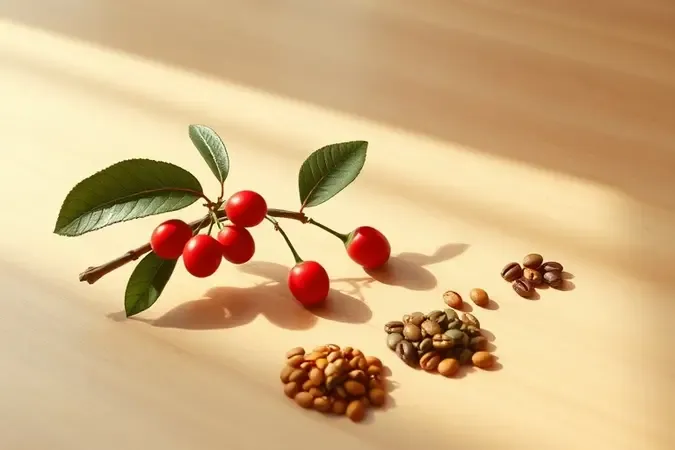 Cadeia produtiva do café gourmet com galho frutífero, grãos verdes e torrados em cena conceitual