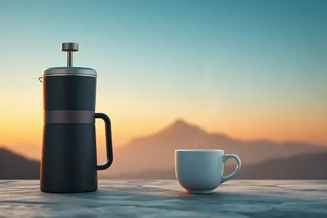 Caafeteira portátil conceitual com xícara fumegante diante de montanhas ao amanhecer, render 3D premium inspirado em viagens.