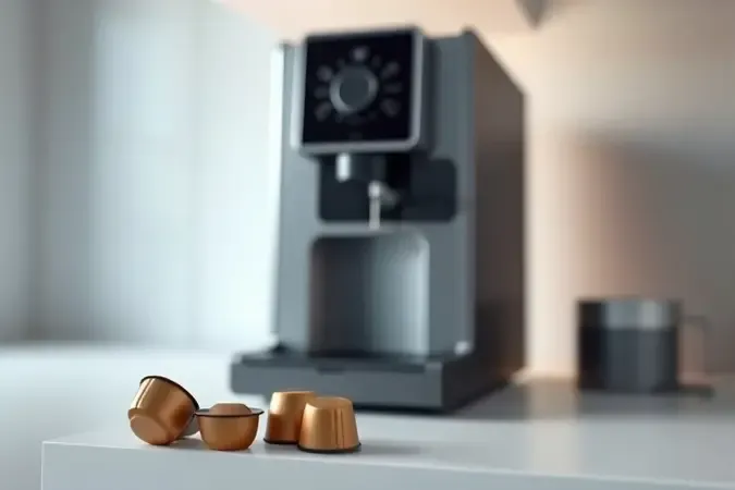 Render 3D de máquina de espresso moderna com cápsulas de café genéricas em composição minimalista e elegante.