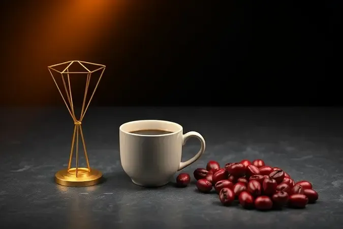 Conceito de premiação de café especial com troféu geométrico dourado, xícara e frutos em superfície escura