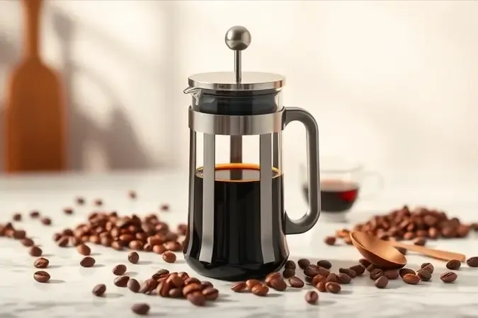 Prensa francesa moderna com café em bancada de mármore acompanhada de grãos torrados e xícara de vidro
