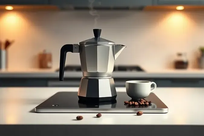 Cafeteira italiana no fogão com vapor saindo do bico e xícara de café ao lado em cena conceitual moderna