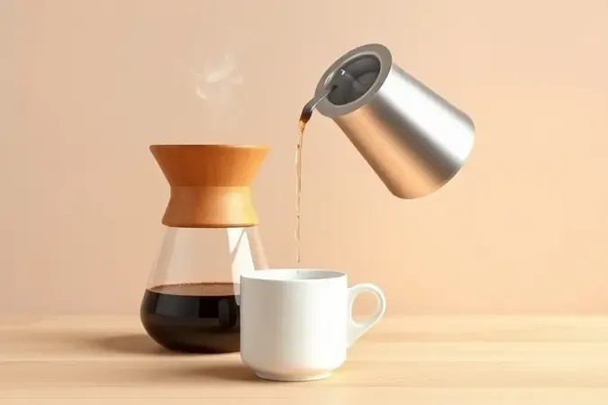 Preparo de café pour-over com água em movimento circular sobre cafeteira de vidro, render 3D conceitual