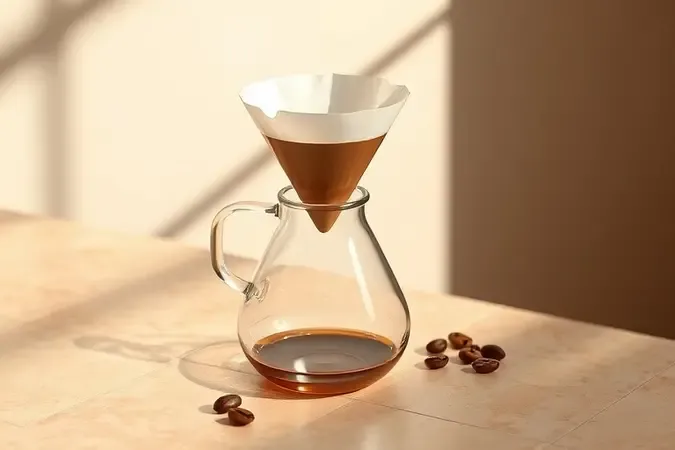 Preparo de café coado com garrafa de vidro e grãos torrados em superfície de pedra com luz suave