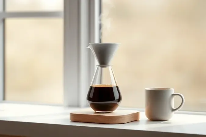 Render conceitual de café coado em preparo com jarra de vidro, suporte de madeira e caneca sobre mesa limpa e iluminada