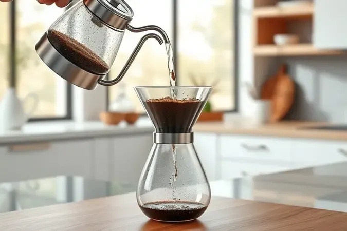 Preparo de café coado com água quente em jarra de vidro sobre balcão moderno em render sofisticado