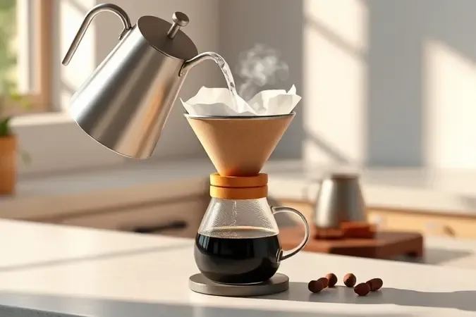 ₮gua quente sendo despejada sobre filtro de café em coador com jarra de vidro embaixo