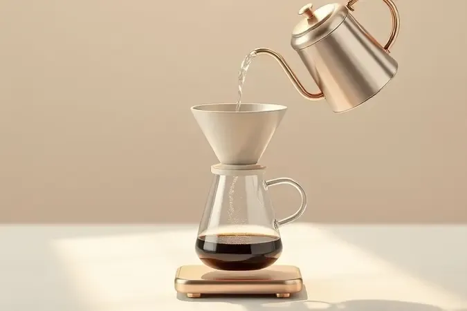 Cena conceitual de preparo de café por coagem com jarra de vidro, suporte metálico e chaleira bico de ganso