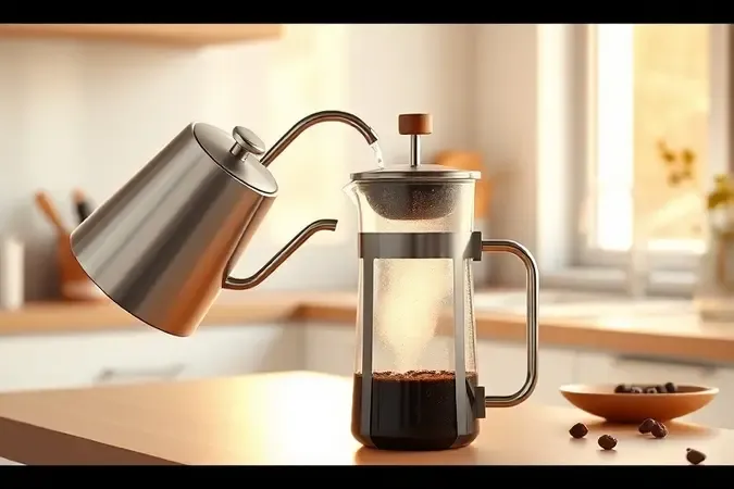 Despejo de água quente sobre café moído na prensa francesa, com vapor e luz matinal suave em cena moderna.