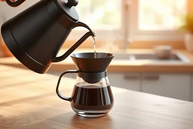Render 3D de preparo de café coado com chaleira bico de ganso vertendo água quente e vapor