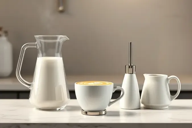 Render conceitual de texturização de leite com leiteira, carafe de vidro com espuma cremosa e vaporizador em balcão elegante.