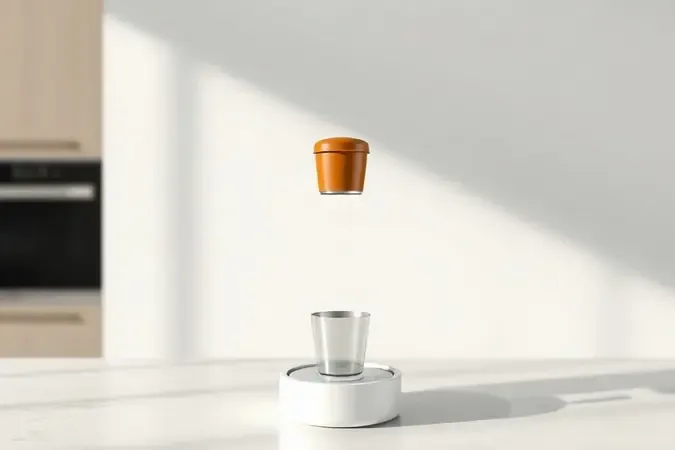 Cápsula de café sobre máquina minimalista em render 3D transmiindo preparo simples e prático