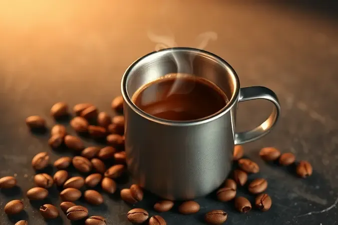 Café fresco servido em caneca térmica com grãos ao redor preservando o sabor original