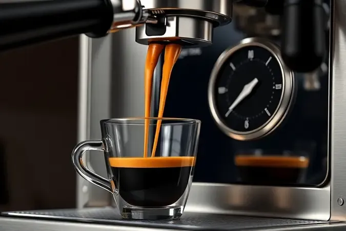 Extração de café espresso com fluxo cremoso saindo do porta-filtro em copo de vidro