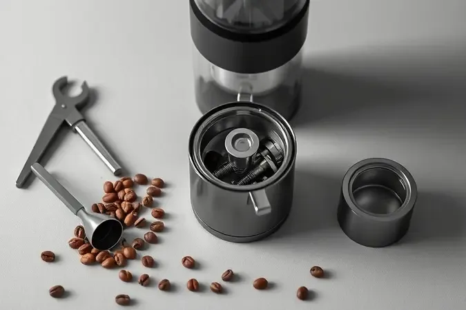 Manutenção conceitual do mecanismo de dosador de moedor de café com ferramentas organizadas