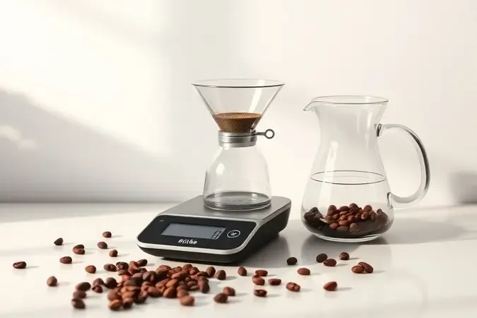 Balança com café e água para proporção ideal do coado em composição conceitual clean e iluminada.