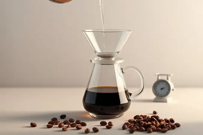 Render conceitual de preparo de café por gotejamento com balança e grãos inteiros, representando o ajuste da proporção de café e água.