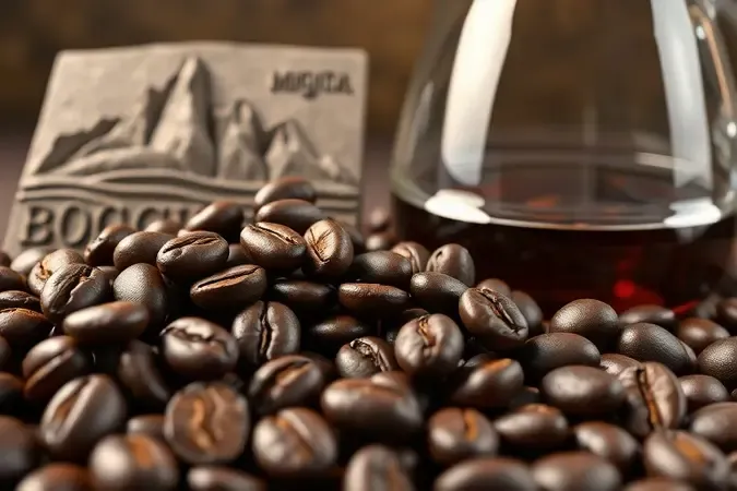 Macro de grãos de café especial com vidraria de preparo e relevo de origem em cena 3D moderna