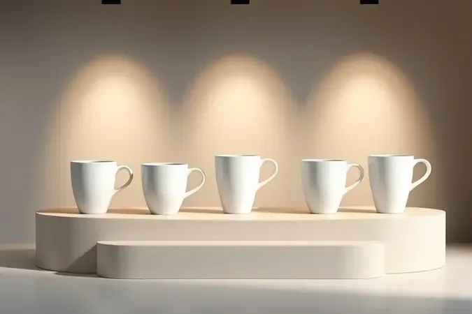 Conceito de ranking de cafés com fileira de xícaras brancas em pódio de pedra moderno em cena 3D.