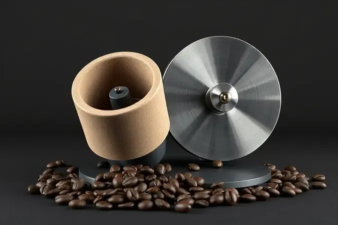 Rebarbas cônicas e planas de café em render conceitual, com texturas de cerâmica e aço escovado sobre superfície escura.