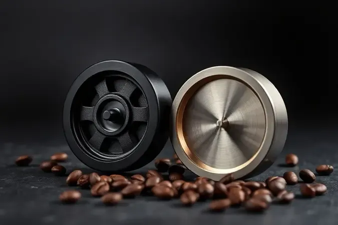 Rebolos de moedor de café com acabamento diamantado sobre superfície escura em render 3D