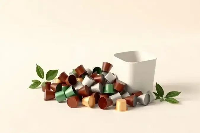 Cápsulas de café usadas em cena de reciclagem minimalista com folha verde e tons neutros, conceito sustentável