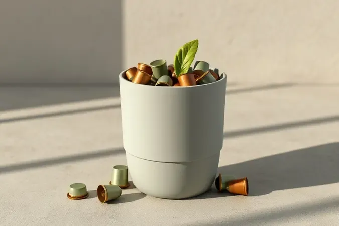 Cápsulas de café usadas em recipiente moderno de reciclagem com folha verde em render conceitual sobre descarte correto