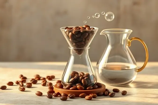 Processo conceitual de remoção da cafeína dos grãos de café em renderização 3D.