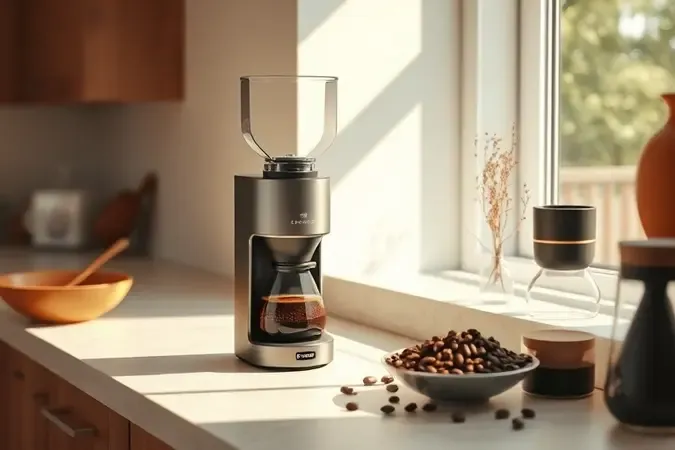 Render conceitual de moedor de café com grãos sobre bancada de cozinha moderna